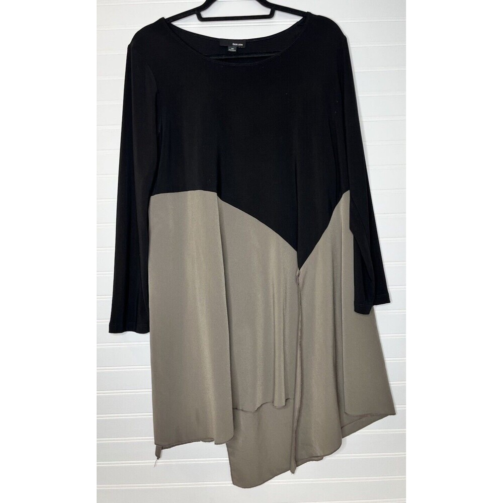 Sun Kim Shirt Sz M Lagenlook Colorblock Blouse Tunic Length USA Made Olive Black